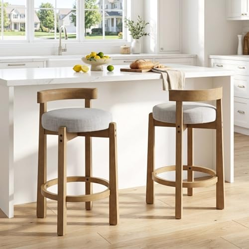 HEAH-YO Mid Century Modern Bar Stools Set of 6, Farmhouse 26.5" Counter Stools with Back, Linen Upholstered Barstools with Solid Wood Legs Bar Chairs for Kitchen Island Dining Room, Light Grey - color: 26.5" Light Grey Linen, size: Counter Height - Set of