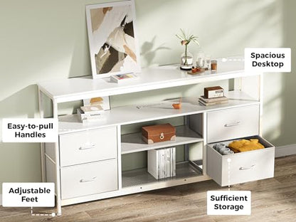 Huuger TV Stand Dresser with Power Outlets and LED Lights, 4 Drawers Entertainment Center with Shelves, 54 Inch Media Console for 55 60 Inch TV, 4 AC Outlets, 2 USBs, Dresser with PU Finish, White - color: White, size: 54 Inches