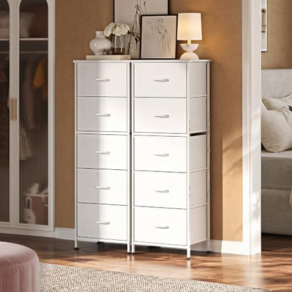 WLIVE Tall Dresser for Bedroom, 5 Drawer Dresser, White | 5 vertical fabric drawers, Tall vertical design, Bedroom or closet use, Dresser for small spaces, Chest of drawers - color: White