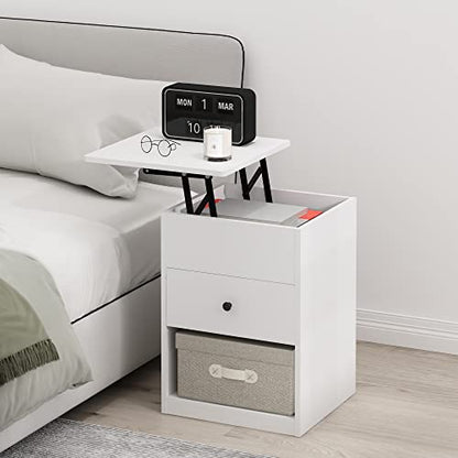 Furinno Jensen Lift Top Nightstand, Solid White | Storage Shelf, Knob Handle Drawer, Bedside Table, End Table, Side Table, for Bedroom, Closet, Dorm - color: Solid White, style: 1-Pack Lift Top