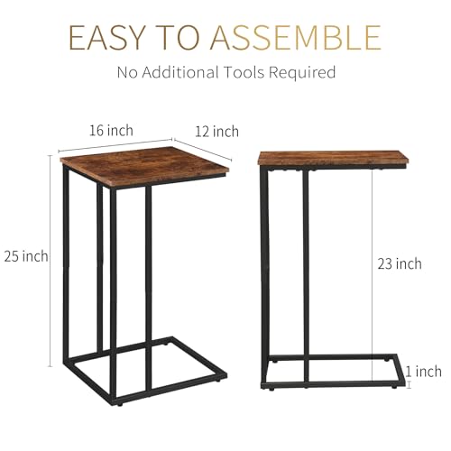 C Shaped Side Table Set of 2, Skinny Sofa Table for Sofa and Bed, Couch Tables That Slide Under, Small End Tables for Living Room, Bedroom or Small Spaces, Rustic Brown - color: Rustic Brown