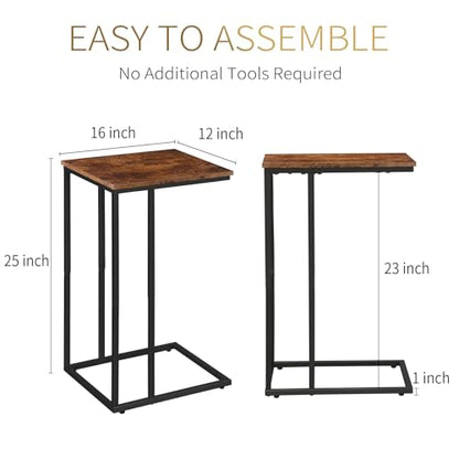 C Shaped Side Table Set of 2, Skinny Sofa Table for Sofa and Bed, Couch Tables That Slide Under, Small End Tables for Living Room, Bedroom or Small Spaces, Rustic Brown - color: Rustic Brown