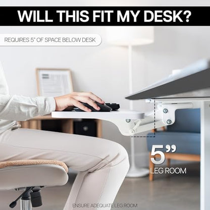 VIVO Adjustable 25 x 10 inch Computer Keyboard and Mouse Platform Tray Ergonomic Under Table Desk Mount Drawer Underdesk Shelf, White, MOUNT-KB03W | Adjustable Computer Keyboard and Mouse Platform, Ergonomic Under Table Desk Mount Drawer, Full Swivel - co