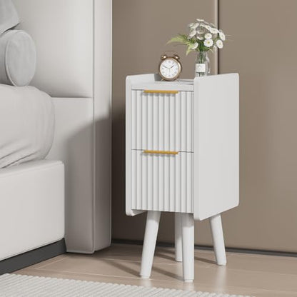 ELYKEN 7.9" Fluted Narrow Nightstand, 20.6" H Skinny Side Table, White | Compact Design for Small Spaces, 2 Drawers, Modern White Finish, Perfect as Bedside Table, End Table or Sofa Side Table - color: White-1 Pcs