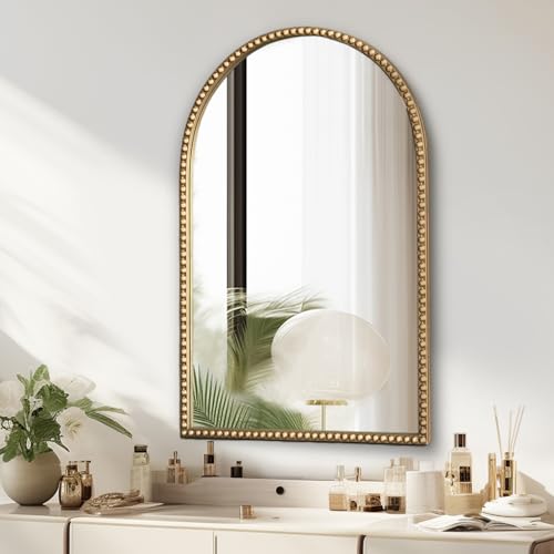 Arched Gold Wall Mirror Antique Beaded Frame Bathroom Wall Mirror Baroque Vanity Mirror Decorative Mirrors for Living Room,Bedroom - color: Gold, size: 36"L x 24"W