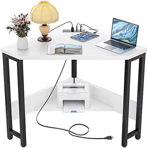 Corner Desk Small Desk with Outlets Corner Table for Small Space, Computer Desk with USB Ports Triangle Desk with Storage for Home Office, Workstation, Living Room, Bedroom, White - color: White