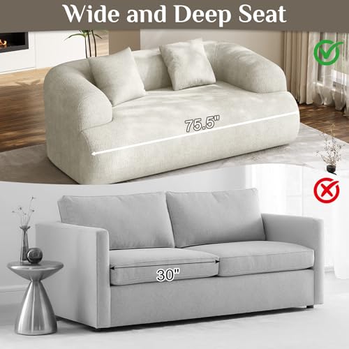 75" Boneless Cloud Loveseat, Modern Cute Curved Chenille Sofa, 2 Seater Compression Couch with 2 Pillows, No Assembly Required for Apartment Living Room, Beige White - color: Beige, size: 75''