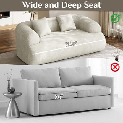 75" Boneless Cloud Loveseat, Modern Cute Curved Chenille Sofa, 2 Seater Compression Couch with 2 Pillows, No Assembly Required for Apartment Living Room, Beige White - color: Beige, size: 75''
