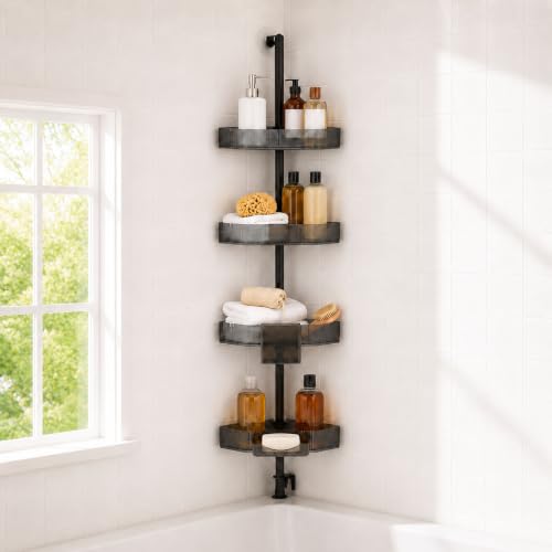 Corner Shower Caddy, Adjustable 4-Tier Rustproof Bathroom Organizer Shelves, 45-75 Inch No-Drill Quick Installation Bathtub Corner Shelf