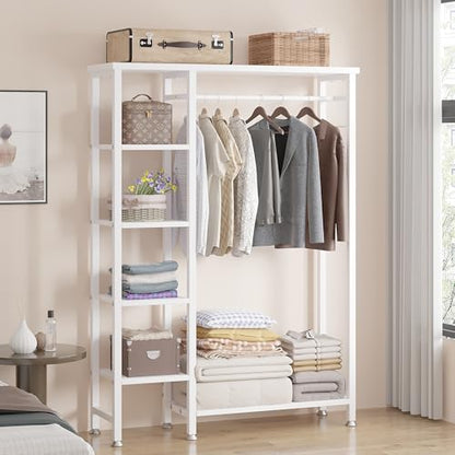 VECELO Open Garment Clothing Rack, Free-Standing Heavy Duty Storage Closet with 5 Shelves and Hanging Rod for Small Spaces, Max Load 350LBS, White - color: White