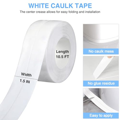 2 Rolls Caulk Tape Self Adhesive, Bathroom Waterproof White Caulking Sealant Strip Peel & Stick Wallpaper Floor Tile Toilet Tub Sink Backsplash Kitchen Wall Decor, Easier to Use Than Silicone Caulk - style: White