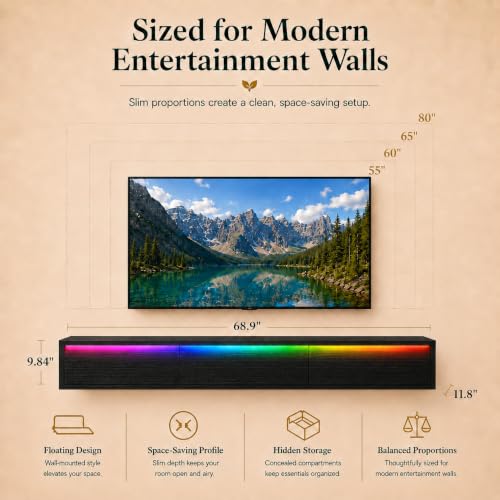 Black Floating TV Stand, 68.9 inch Wall Mounted Media Console with Storage | Mounted TV Console for Living Room,for 75"–80" TVs. - color: Black-h