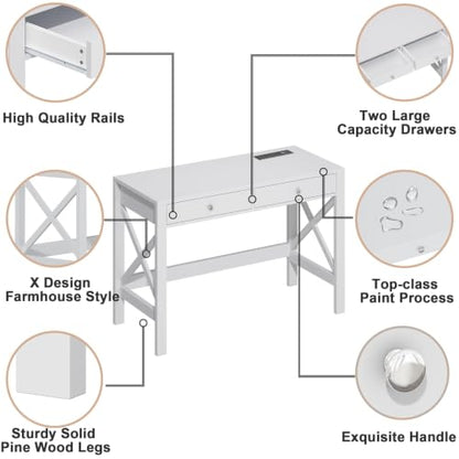 ChooChoo 40 Inches Farmhouse Computer Desk with 2 Drawers & Power Outlets | Wooden Writing Desk, Study Desk for Home Office, Makeup Vanity, White - color: White, size: 40inch with Power Outlet