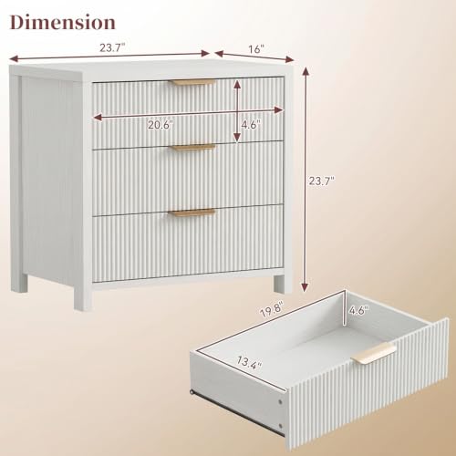 Fluted Nightstand, 23.7'' Wide Night Stand with 3 Drawers, Mid-Century Modern Bedside Table with Handles, Wood End Table for Bedroom, White - color: White