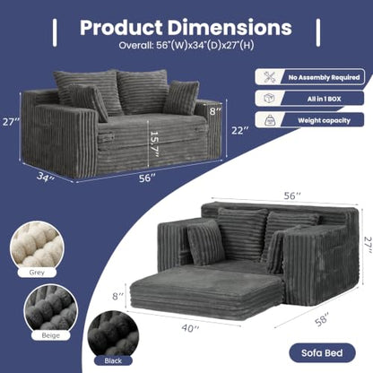 3-in-1 Convertible Sofa Bed: Boneless Loveseat Sleeper & Folding Couch Bed with 4 Pillows & Detachable Cushion, Furry Futon Couch for Bedroom, Apartment, Office and Living Room, No Assembly, Grey - color: D-grey, size: Loveseat Sofa