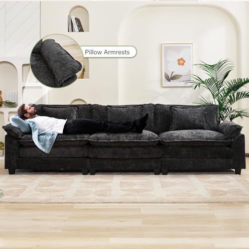 120" Modular Sectional Sofa, Comfy 3 Seater Deep Cloud Couch | Couches for Living Room, Modular Couch, Deep and Wide Seat, Chenille Sofa Sleeper with Throw Pillows, Black - color: Black, size: 120 Inch