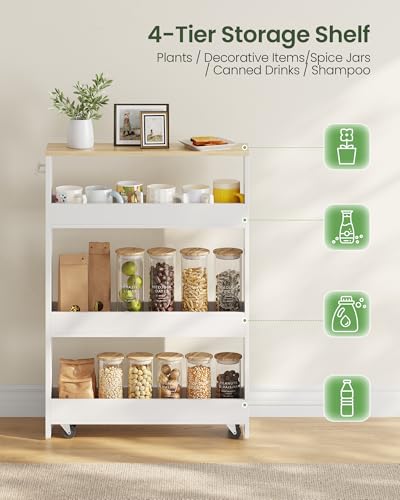 Slim Storage Cart with Wheels, 5.5" Narrow 4-Tier Rolling Cart, Multi-Purpose Utility Cart for Kitchen, Bathroom, Laundry Room, Living Room, White and Natural MTC02WN