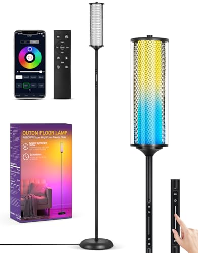 OUTON Bright Smart Floor Lamp with Remote, App & Touch Control, RGB Color Changing Standing Lamp, 2200K-6500K Dimmable, 3 Adjustable Heights, 32 Scenes for Living Room Bedroom Office,Black & Glass - color: Black & Glass Shade