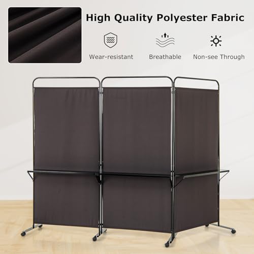 Giantex 3 Panel Room Divider with Wheels and Shelves, 103" W x 74" H Folding Privacy Screen, Rolling Partition Separator for Home Office Studio, Fabric Wall Divider for Room Separation (Brown) - color: Brown