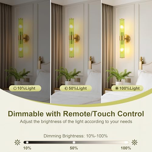 Morauroral Gold Battery Operated Wall Sconces Set of 2, Rechargeable Wall Lights with Remote Control, 20 Inch Modern Wireless Wall Lamp for Bedroom, Living Room with Green Shade (Bulbs Included) - color: Gold （Green Glass）