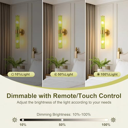 Morauroral Gold Battery Operated Wall Sconces Set of 2, Rechargeable Wall Lights with Remote Control, 20 Inch Modern Wireless Wall Lamp for Bedroom, Living Room with Green Shade (Bulbs Included) - color: Gold （Green Glass）