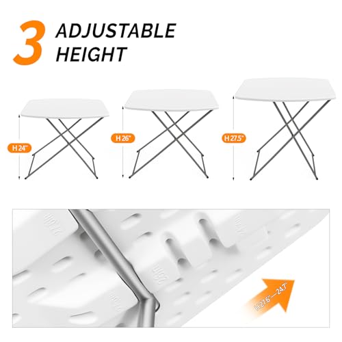VINGLI Small Folding Table Portable, 18" Adjustable Height Personal Laptop TV Tray, Camping Table, HDPE Plastic Top with Steel Frame,White - color: White, size: 28"