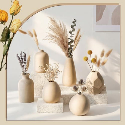 6 Pcs Mini Beige Ceramic Vase Set Modern Boho Bud Vases for Dried Flowers Plants Small Decorative Pottery Vases for Home Decor Wedding Bookshelf Coffee Table Centerpiece