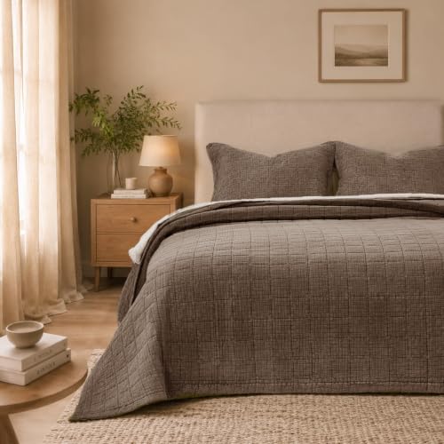 Pre-Washed Cotton Queen Size Quilt Set 90x98 Waffle Textured | Lightweight Breathable Bedspread Coverlet,All Season Bedding Set,Oversized Elegant Design，with 2 Pillow Shams Brown - color: Brown, size: Queen-90x98