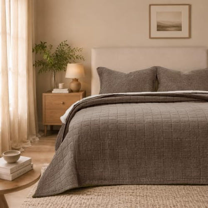 Pre-Washed Cotton King Size Quilt Set 98x106 Waffle Textured | Lightweight Breathable Bedspread Coverlet,All Season Bedding Set,Fits King & Cal King，with 2 Pillow Shams Brown - color: Brown, size: King-98x106