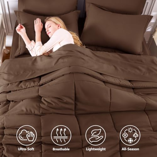 King Size Comforter Set, 7-Piece Bed in a Bag, Brown | OEKO-TEX Certified, Box-Stitched Design, 240 GSM Down Alternative Fill, All-Season Comfort, Sheets, Pillowcases & Shams - color: Brown, size: King(102"x90")