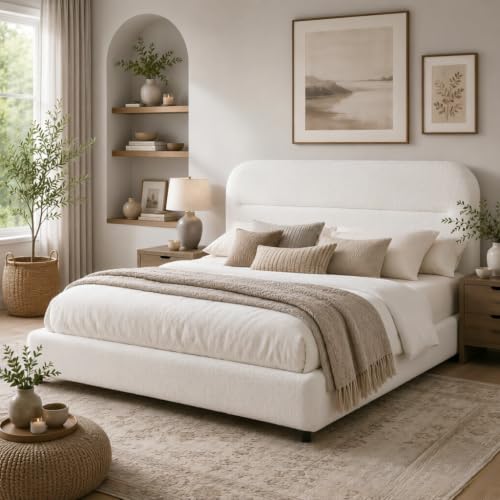 HOMBCK Full Size Bed Frame, Boucle Upholstered Bed Frame Full with Headboard and Thickened Footboard, Rounded Corners, No Box Spring Needed, Easy Assembly, White - color: White, size: Full