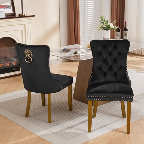 KEIKI Upholstered Mid-Century Velvet Dining Chair, Tufted Accent Seat | with Golden Solid Wood Legs for Dining Room Kitchen Room, Black - color: Black