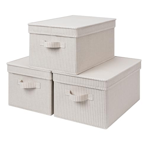 StorageWorks Fabric Storage Bins with Lids, Closet Storage Bins | Lidded Dust-proof, Easy Pull Handles, Foldable, Stackable, Ideal for Clothes Blanket Towel, Large, Khaki Stripe, 3-Pack - color: Khaki Stripe, size: Large