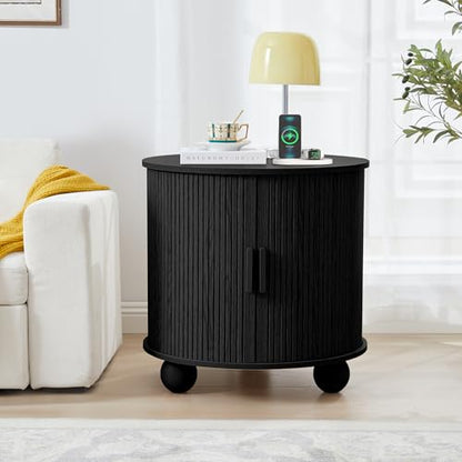 24" Round End Table with Charging Station, Fluted Side Table, Black | Farmhouse Sofa Side Tables Living Room, Mid-Century Wood Nightstand with Sliding Tambour Door & Storage, Round End Table - color: Black