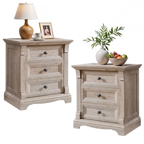 Farmhouse 26"H Night Stand Set of 2, 23.6"W End Table with Charging Station | Wood Side Table w/Roman Column, End Tables Living Room Set Of 2, Bedside Cabinet for Bedroom, Living Room, Light Rustic Oak - color: Light Rustic Oak, size: 23.6"W x 15.7"D x 26