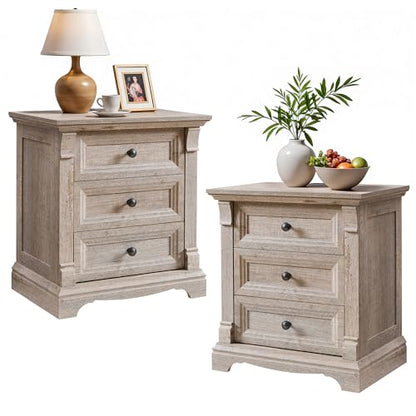 Farmhouse 26"H Night Stand Set of 2, 23.6"W End Table with Charging Station | Wood Side Table w/Roman Column, End Tables Living Room Set Of 2, Bedside Cabinet for Bedroom, Living Room, Light Rustic Oak - color: Light Rustic Oak, size: 23.6"W x 15.7"D x 26