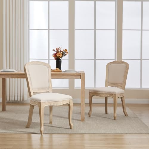 Kmax French Dining Chairs Set of 4, Farbric Upholstered Dining Chairs with Elegant Curved Legs High Back Armless Kitchen Chairs Side Chairs for Dining Room Restaurant - Linen, Beige/Natural Legs - color: Fan-back/Beige Seat/Natural Leg, size: 4 Chairs