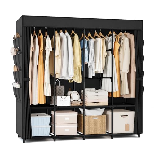 Portable Closet for Hanging Clothes, 67 Inch Wide Portable Wardrobe Closet with Cover, 4 Hanging Rod, Storage Shelves and Side Pockets, Large Free Standing Closet for Bedroom, Black - color: Black, size: 4 Row - 67'' Wide