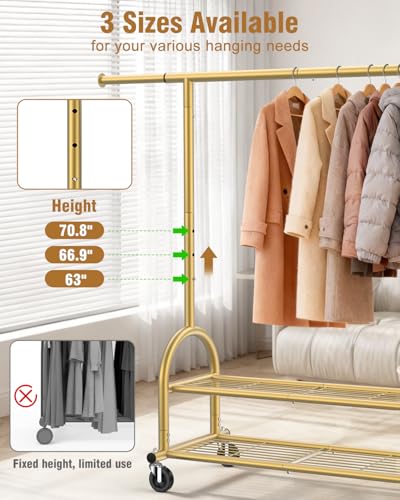 Heavy Duty Clothes Rack for Hanging Clothes Load 556 LBS, Height Adjustable Rolling Clothing Racks, Portable Metal Coat Rack Garment Wardrobe with Wheels and Shelves for Bedroom Laundry, Gold - color: Gold, style: 2 Shelves
