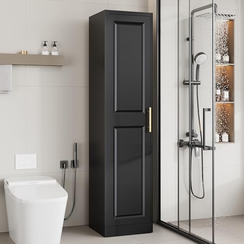 71''Tall Narrow Storage Cabinet Metal Bathroom Cabinet with Doors and 4 Adjustable Shelves, Slim Pantry Cabinets Cupboard for Small Space, Apartment, Bathroom, Kitchen, Laundry (Black) - color: Black, size: 71"H x 16.5"W x 15.8"D