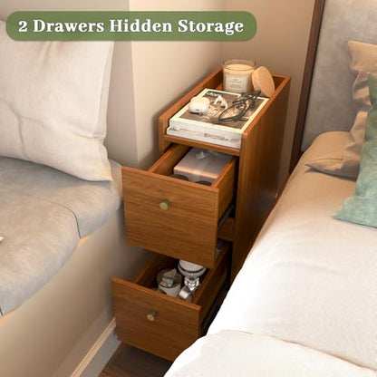 Narrow Night Stands, Modern Slim Nightstand Set of 2, Wooden Skinny Bedside Table 2 Drawers, Stackable Narrow Side Table with Drawers for Small Spaces, Bedroom, Living Room, Walnut Brown - color: Brown (2pcs)