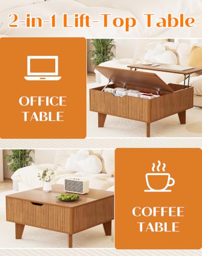 Fluted Lift Top Coffee Table with Storage, Wood Square Flip-Top Mid Century Modern Center Table for Living Room with Hidden Compartment, Walnut - color: Walnut-square (Flip Top)