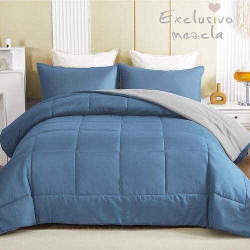 Exclusivo Mezcla Reversible Soft Twin Comforter Set, 2 Pieces | Grayish Blue Lightweight Microfiber Down Alternative Comforters, All-Season Bedding with 1 Pillow Sham - color: Bluish Grey/Light Grey, size: Twin(68''x88'')