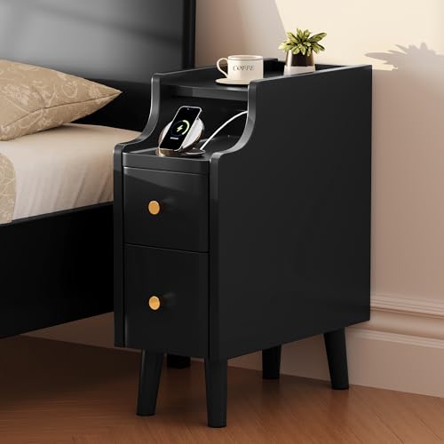 Narrow Nightstand with Drawers, 7.9" Solid Wood Side Table for Small Spaces, Small Bedside Table for Bedroom with Pull-Out Tray, Black - color: Black, size: 8"