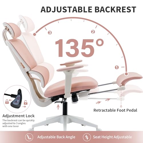 Ergonomic Office Chair with Footrest, 90-135° Reclining High Back Desk Chair with Lumbar Support, 2D Headrest, 2D Armrests, Computer Chair for Long Hours, Pink - color: Pink