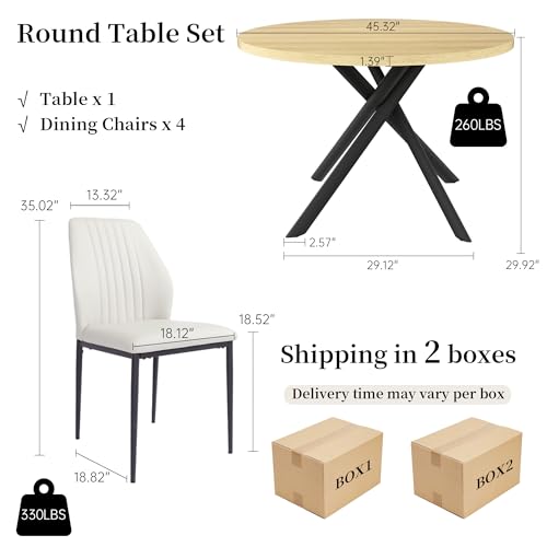 HIPIHOM 45.3'' Walnut Round Dining Table Set for 4, Mid Century Modern Small Coffee Set for Dining Room Kitchen Apartment (Cream Table + 4 White Chairs) - color: Cream Table+4 White Chairs