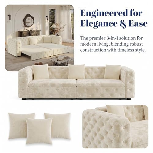 89" 4-Seater Queen Size Pull Out Sofa Bed with 3 Pillows, Beige | 4-Seater Classic Velvet Sofa with Tufted Design,3 Pillows,89" Extra Large 3-in-1 Pull Out Sofa - color: Q-beige-0w3