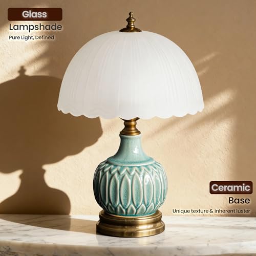 Vintage Green Ceramic Small Table Lamp with White Glass Shade | 15.7" Plug In Dimmable Nightstand Accent Desk Lamp for Bedroom Bedside & Cottage, Aesthetic Home Decor, Bulb Included - style: Bamboo Leaf + White Glass