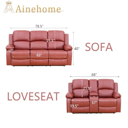 A Ainehome Living Room Furniture Set Leather Recliner Sofa Set Loveseat Chair Furniture Sofa Set for Living Room/Small Space/Rv/House/Office/Theater Seating (A-Red Leather, Sofa+Loveseat) - color: A-red Leather, size: Sofa+Loveseat