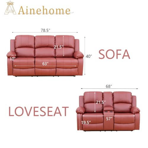 A Ainehome Living Room Furniture Set Leather Recliner Sofa Set Loveseat Chair Furniture Sofa Set for Living Room/Small Space/Rv/House/Office/Theater Seating (A-Red Leather, Sofa+Loveseat) - color: A-red Leather, size: Sofa+Loveseat